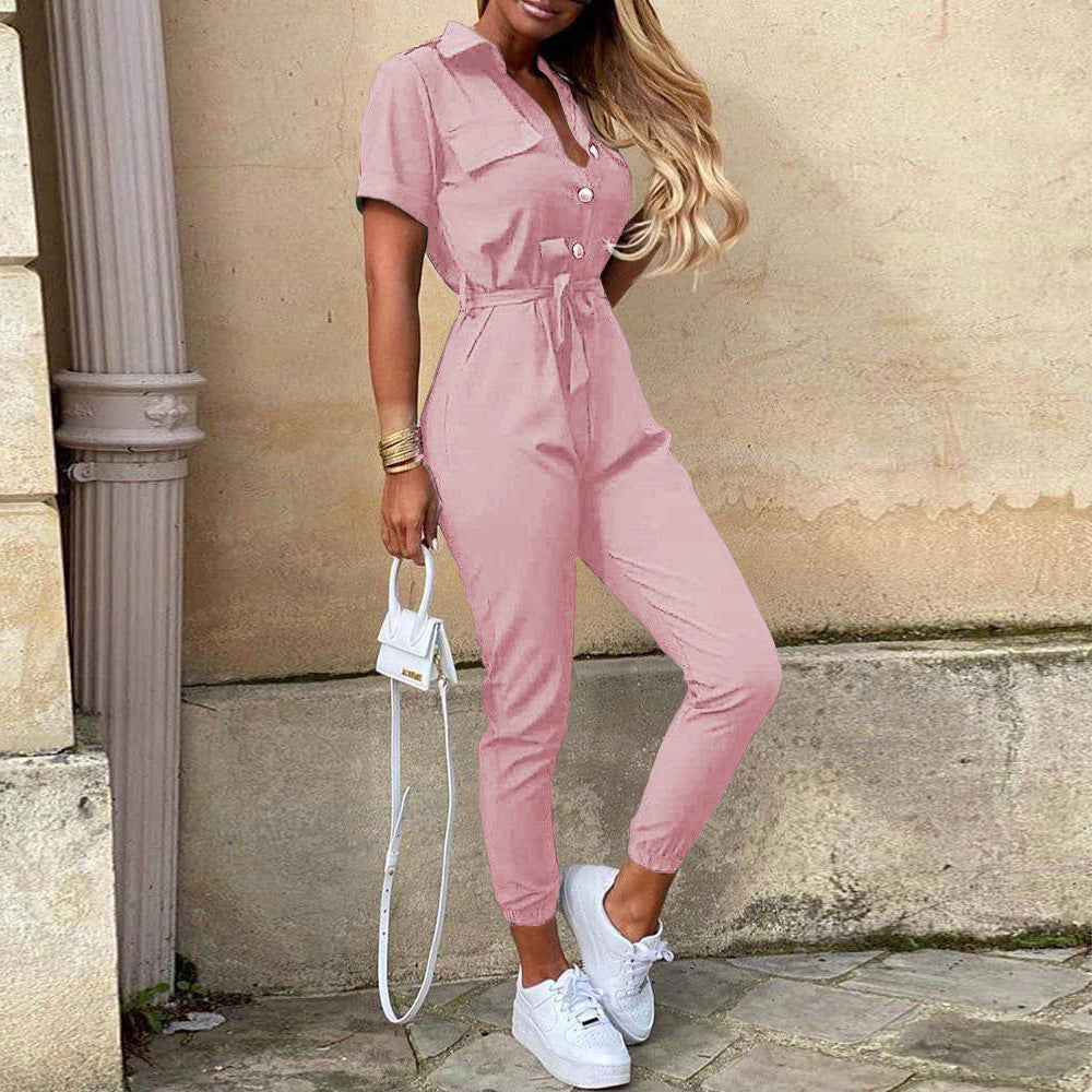 Women's Summer Trousers Lapel Button Printed Belt Casual Pants