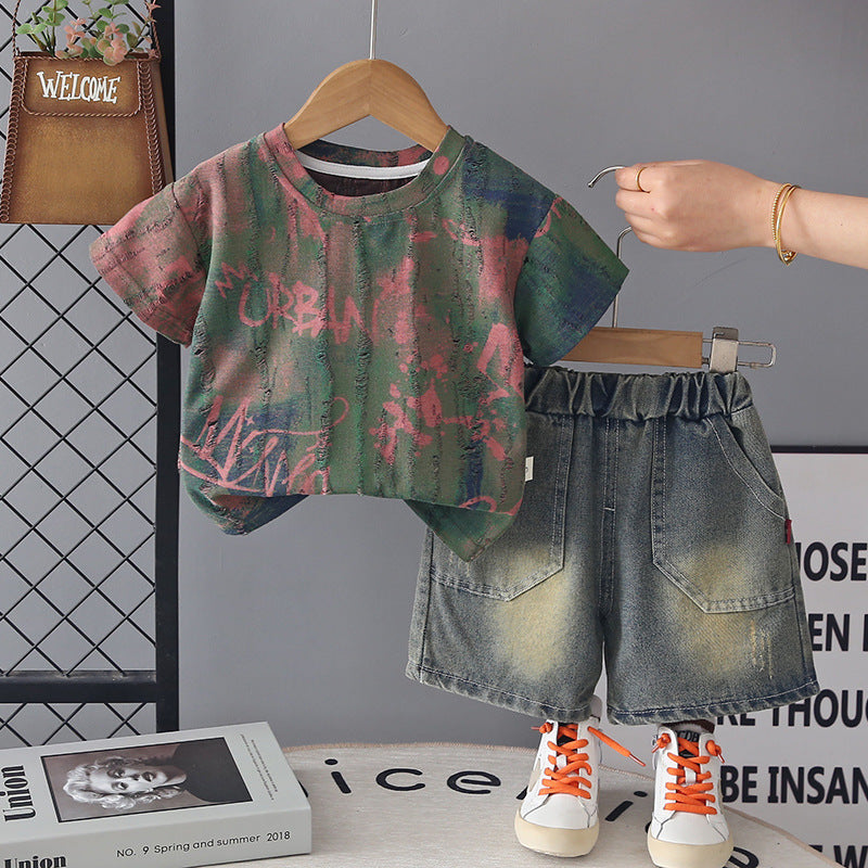 Children's Trendy Clothing Summer Blooming Letters Short-sleeved Handsome Children's Suit