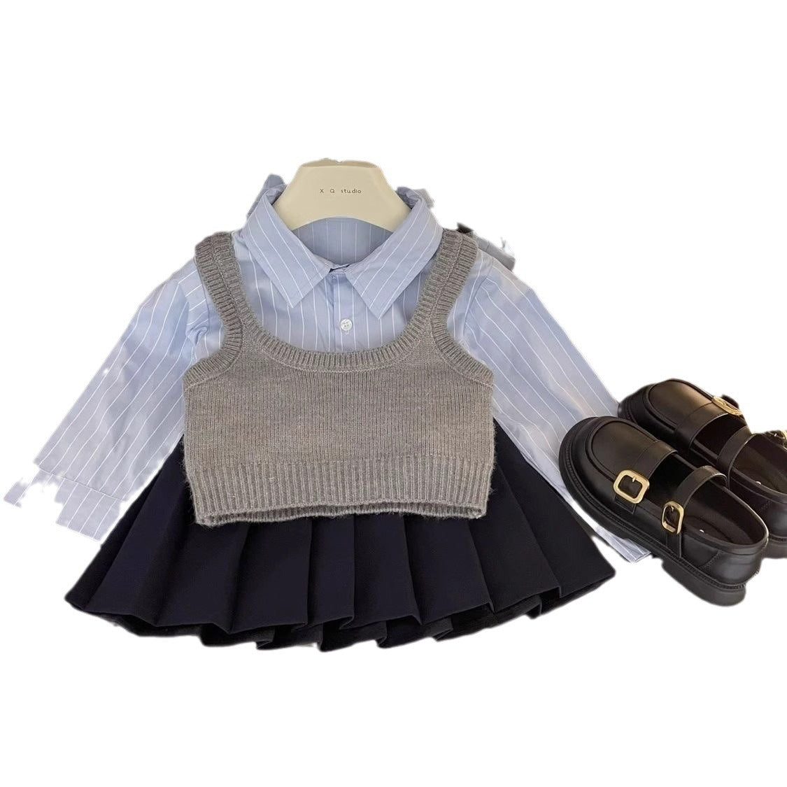 Preppy Style Three-piece Autumn Vest Blue Striped Shirt Pleated Children's Suit
