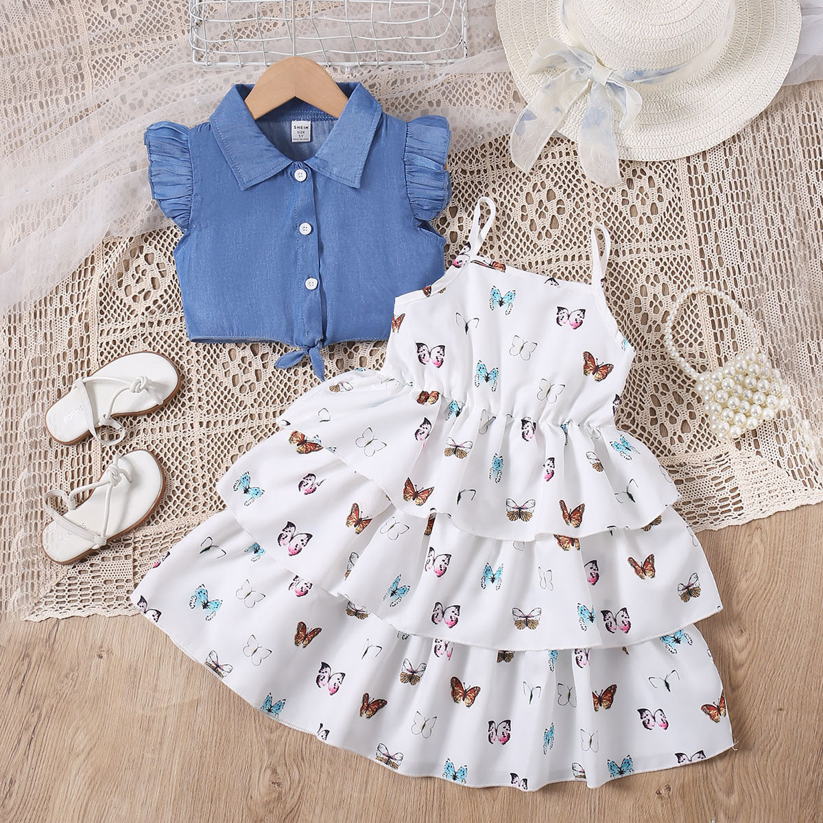 Flying Sleeve Denim Vest Suspenders Jumpsuit Children's Suit