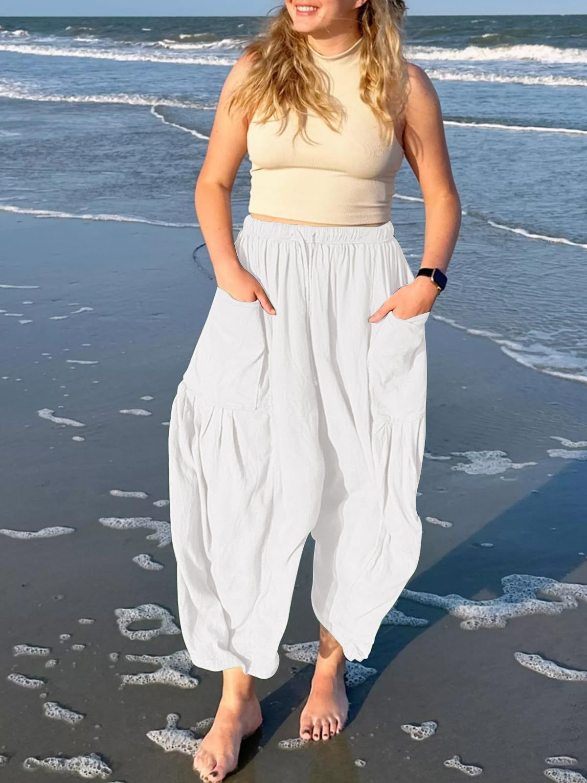 Women's Stripes Elastic Waist Cropped Pleated Breathable Contraction Pants