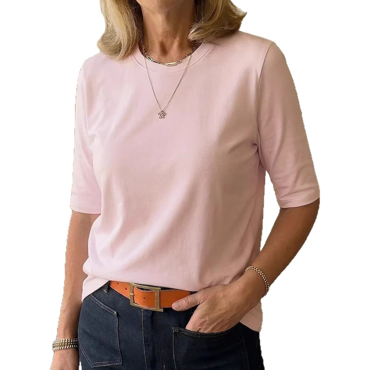 Women's Casual Round Neck Shoulder Half Sleeve Women's T-shirt