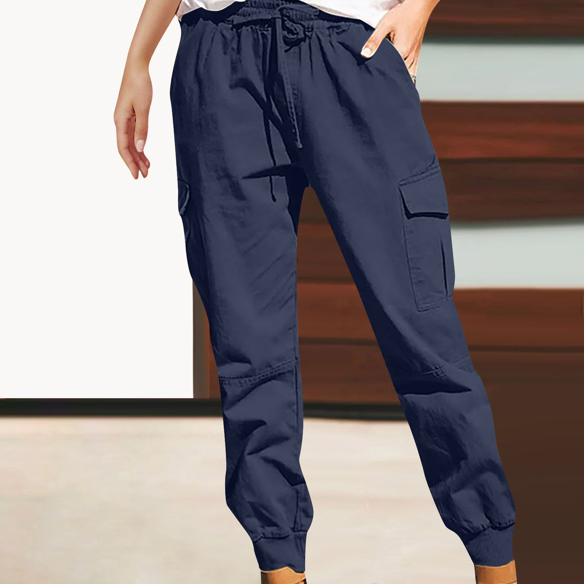 Women's Solid Color Fashion Pocket Cargo High Casual Pants