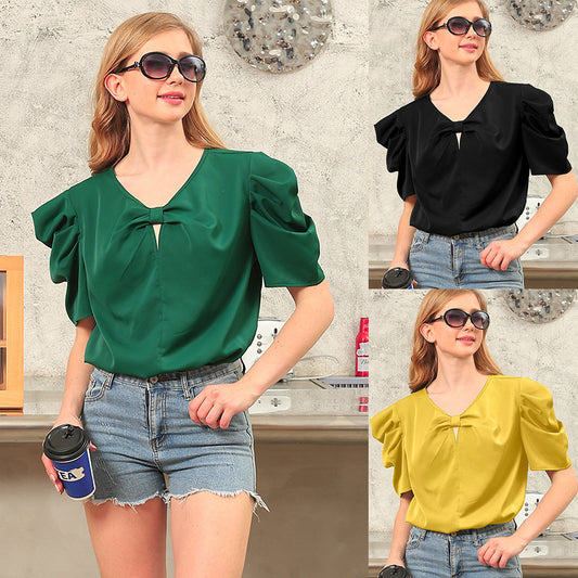 Women's Solid Color Puff Sleeve Bow Sweet Women's T-shirt