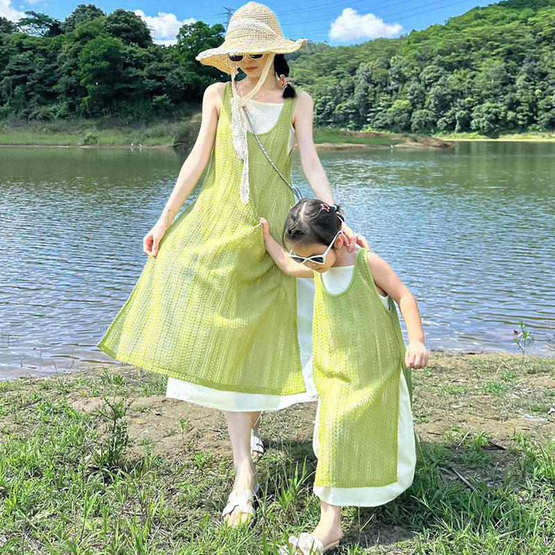 Seaside Style Tourism Fake Two-piece Long Skirt Mother Daughter Family Parent-child Outfit