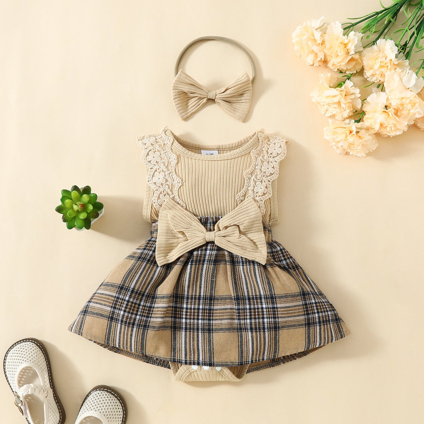 Sleeveless Triangle Gown Lace Big Bowknot Plaid Vest Jumpsuit, Climbing Suit