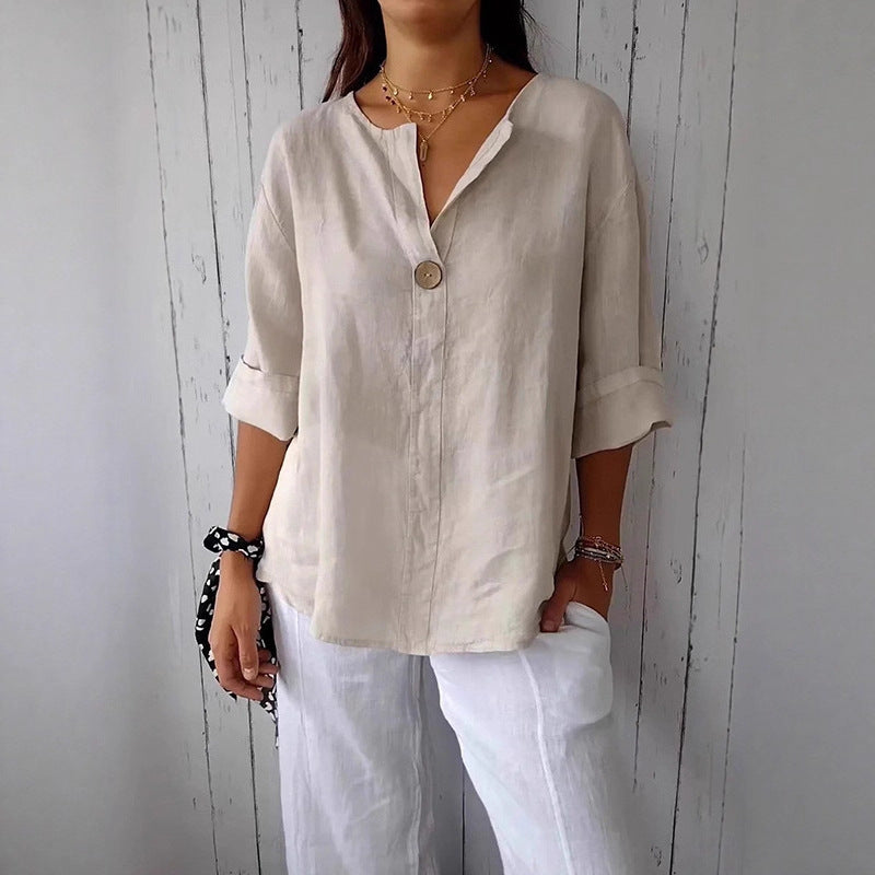 Women's Summer Loose Solid Color Buttons Cotton Blouse