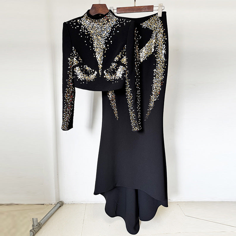Embroidered Sequined Fishtail Mid-length Dress Set Fashion Casual Suit