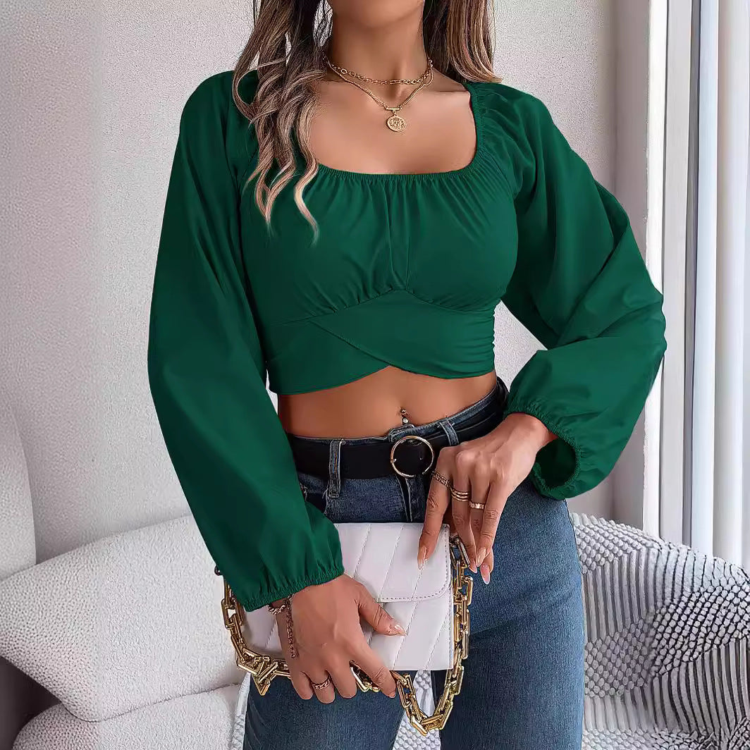 Graceful Women's Casual Lantern Sleeve Waist Lace Shirt, Chiffon Shirt