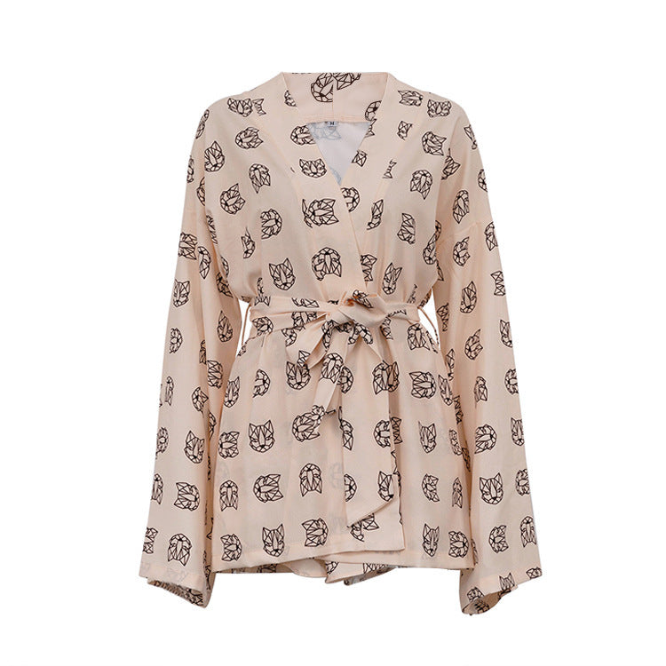 Women's Printed Wear Lace Up Long Sleeve Pajamas Fashion Casual Suit