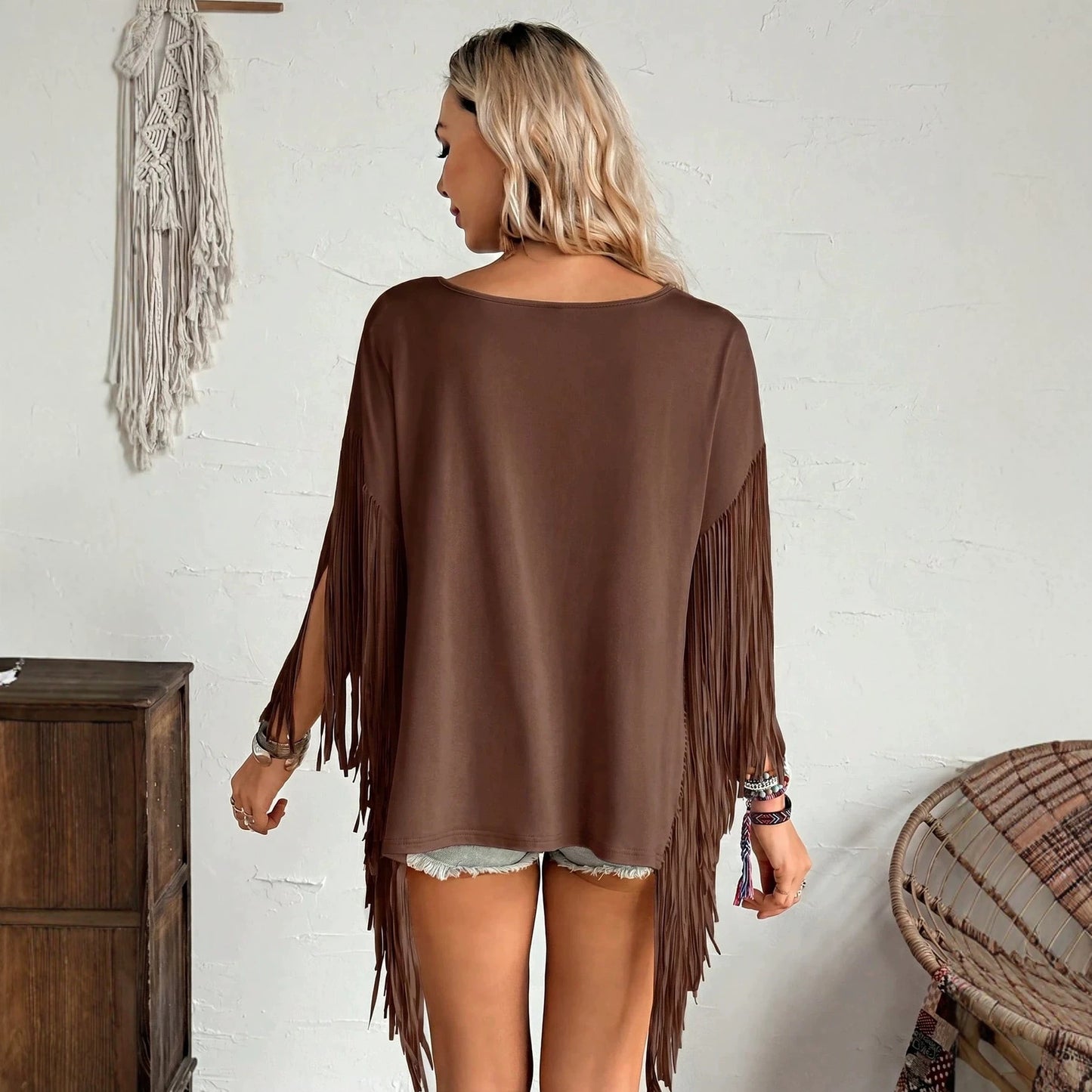 Women's Tassel Long-sleeved Loose Slimming Shawl Fashionable Women's T-shirt
