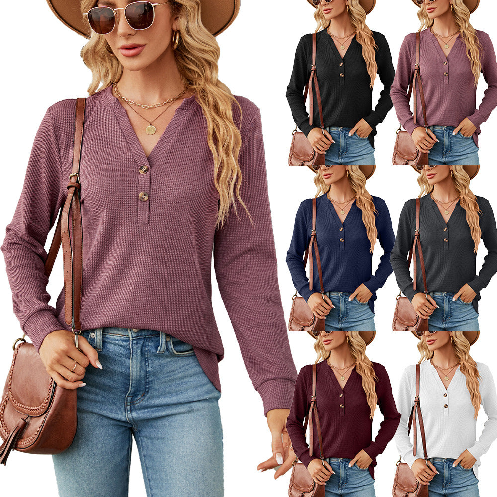 Women's Solid Color Button Loose Long-sleeved Women's T-shirt