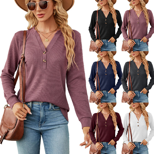 Women's Solid Color Button Loose Long-sleeved Women's T-shirt