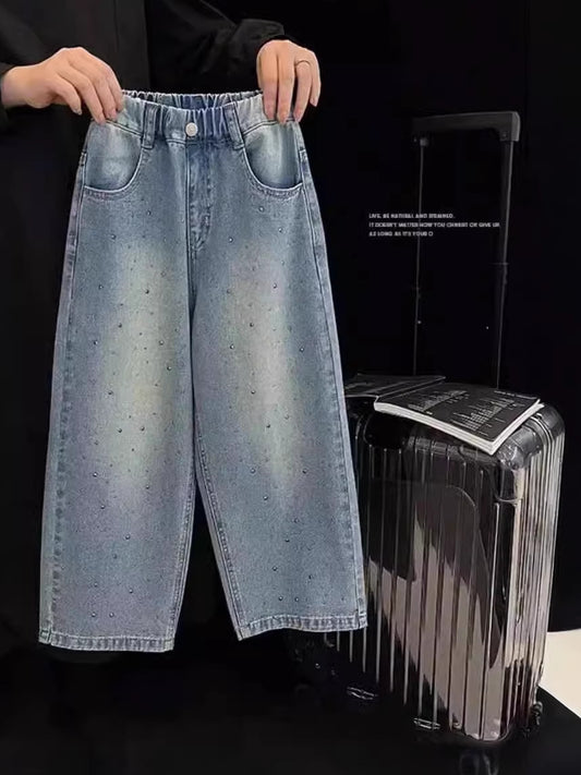 Spring Loose Rhinestone Starry Sky Denim Children's Pants