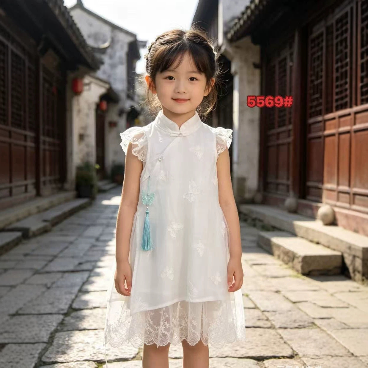 Children's Ethnic Style White Body Strap Braces Skirt Children's Dress