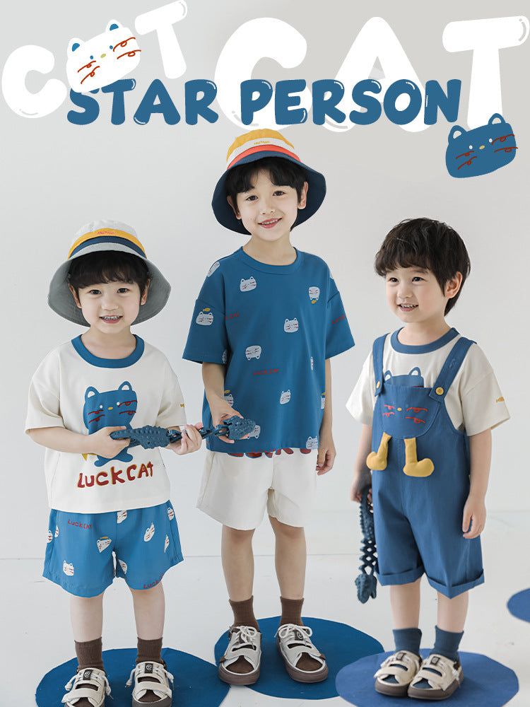 Cat Printing Short-sleeved Contrast Color Loose Shirt Cool Shorts Series Children's T-shirt