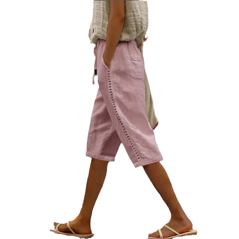 Summer Fashion Woven Cotton Linen Side Lace Hollowed Shorts