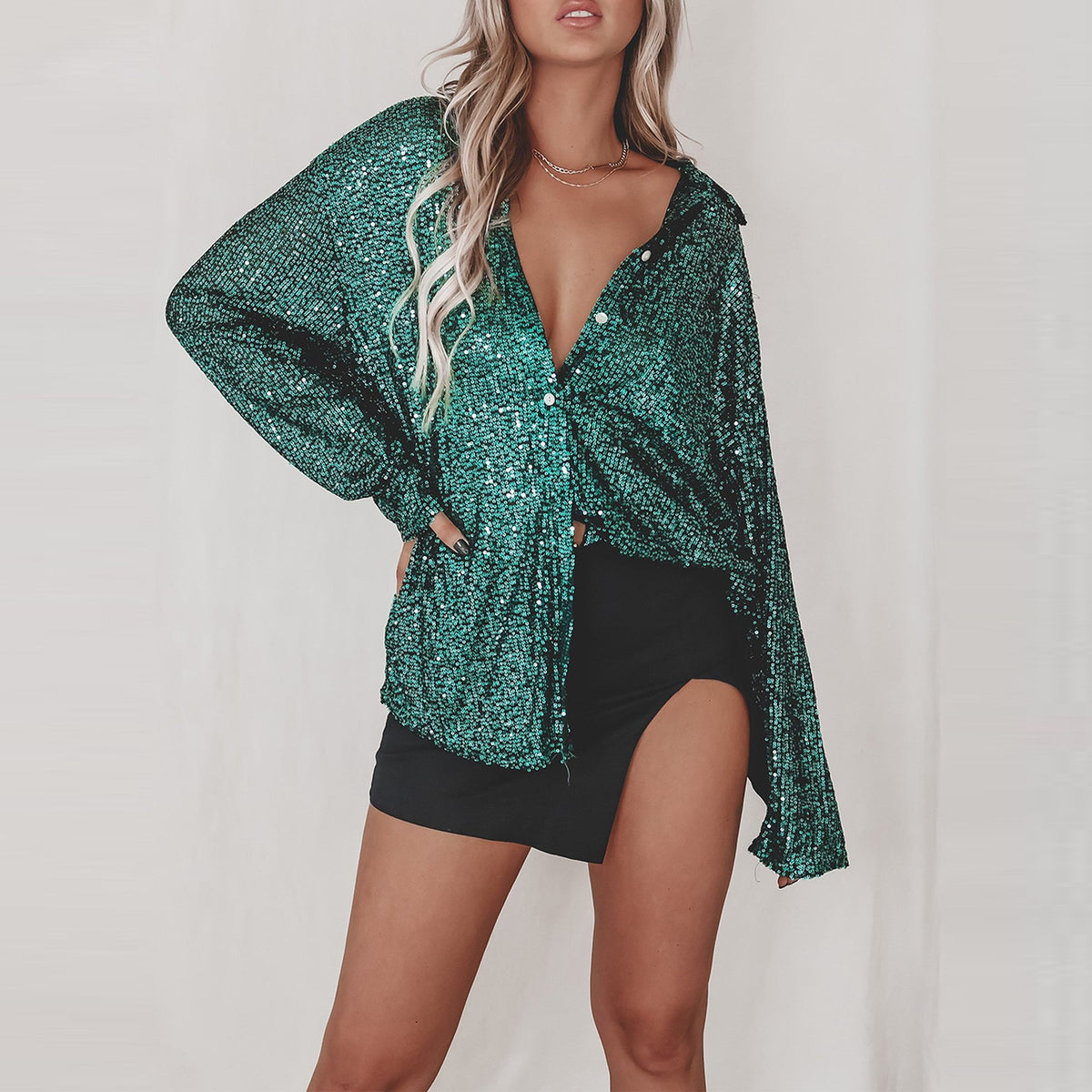 Women's Sequin Lapel Long Sleeve Basic Style Blouse