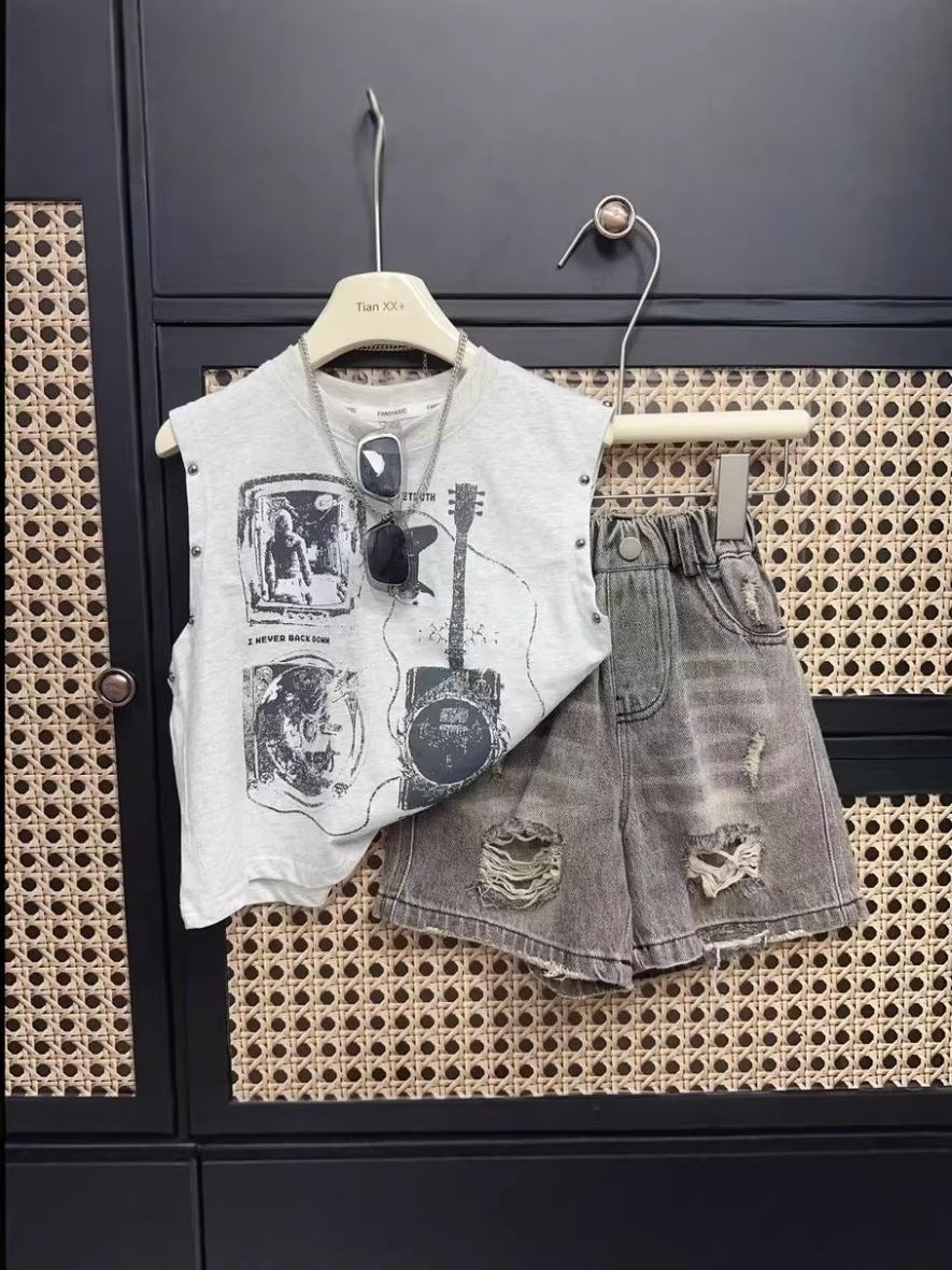Children's Korean Printed Top Two-piece Fashionable Handsome Children's Suit