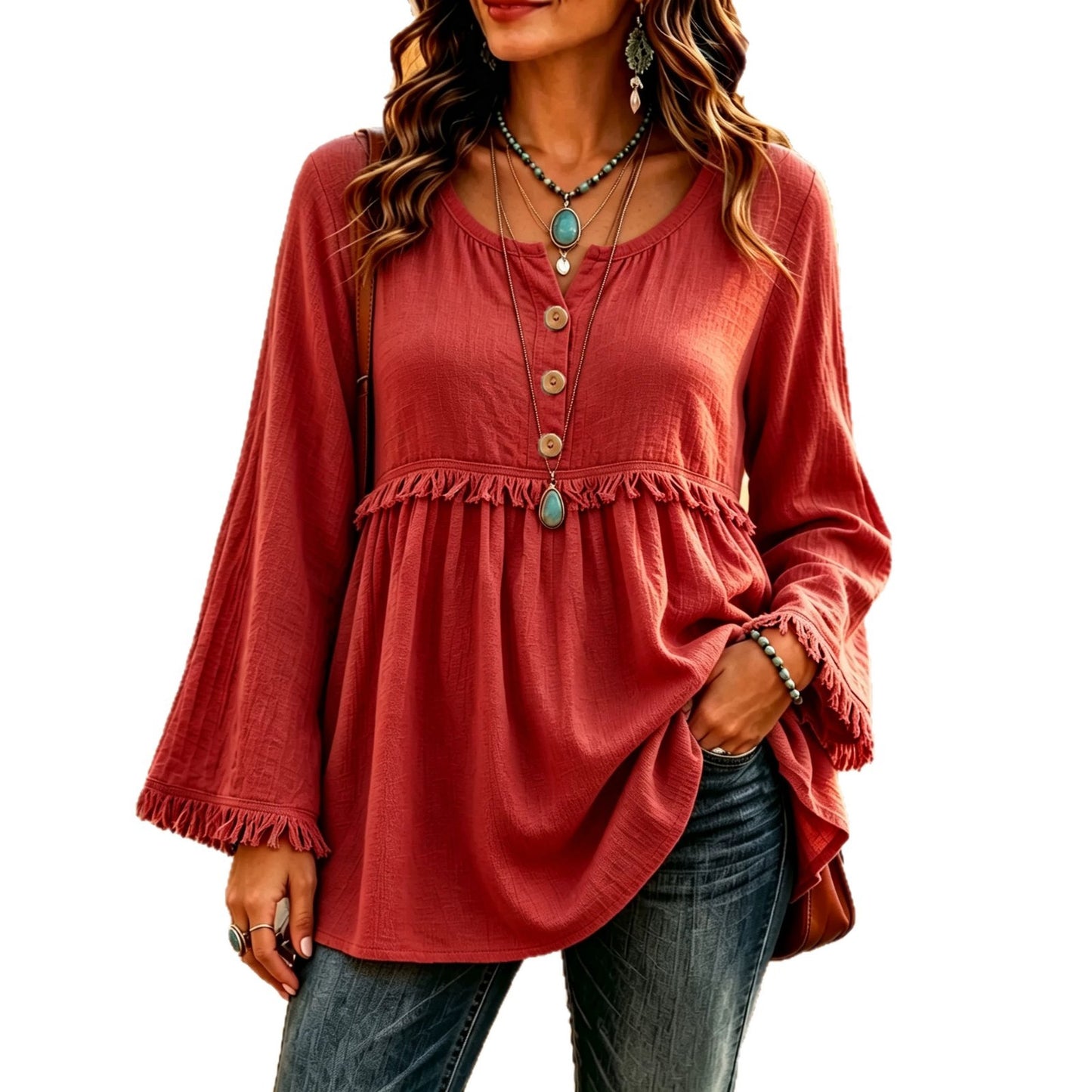 Women's Casual Loose Button Fashion Tassel Solid Color Tops