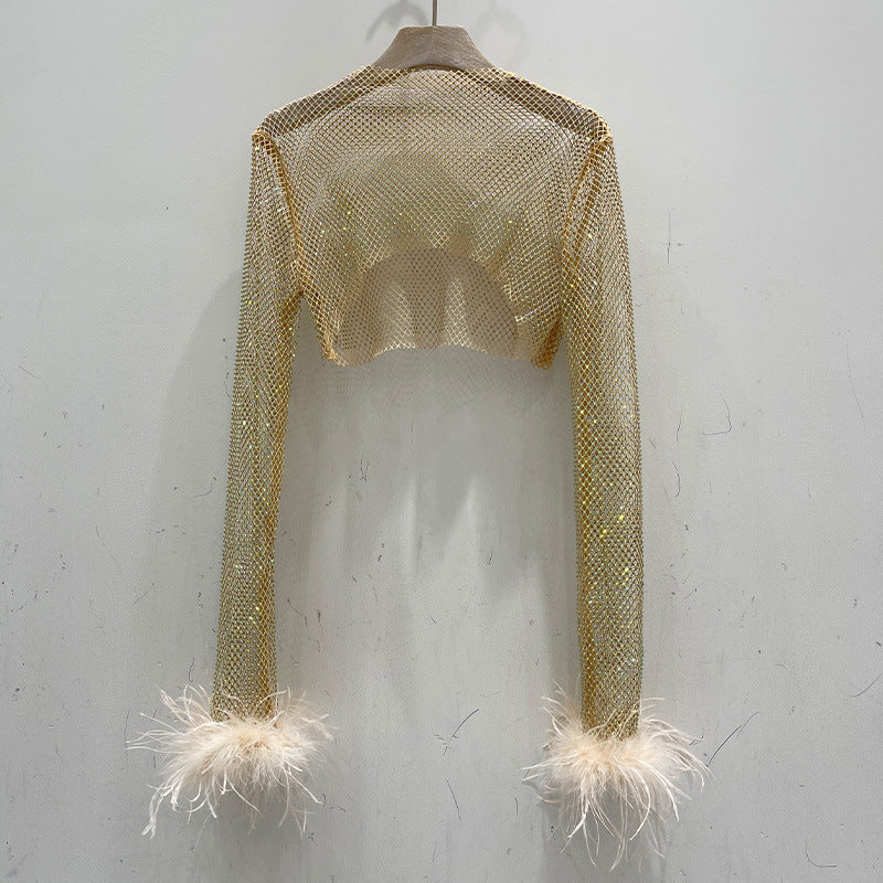 Fashion Rhinestone Long Sleeve Shiny Cuff Ostrich Tops