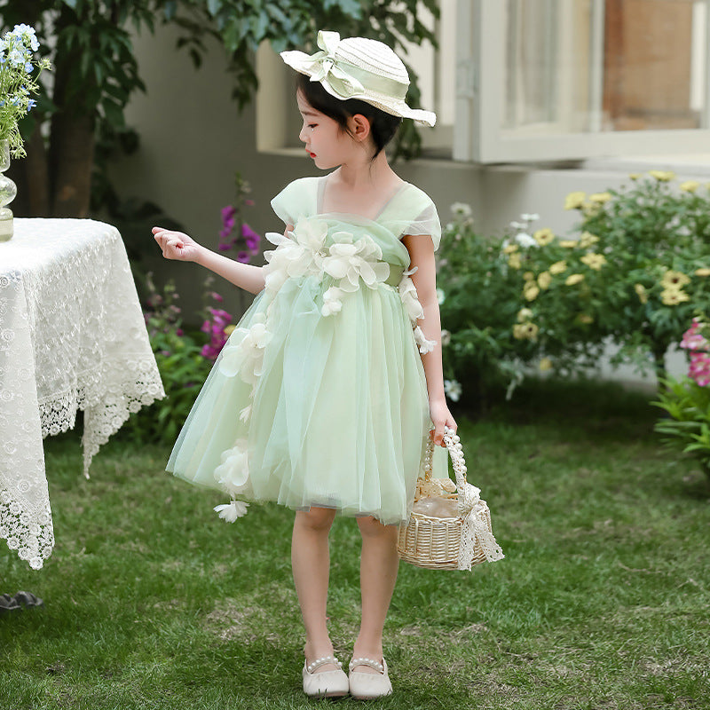 Children's Birthday Green Mesh Flower Day Performance Children's Dress