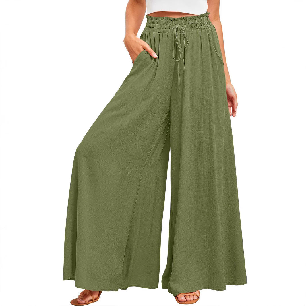 Women's Elastic Waistband Wide Leg High Waist Long Pants