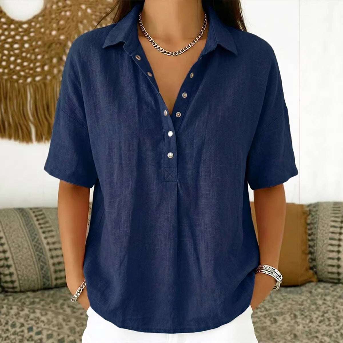 Women's Summer Loose Snap Fastener Lapel Sleeve Solid Color Women's T-shirt