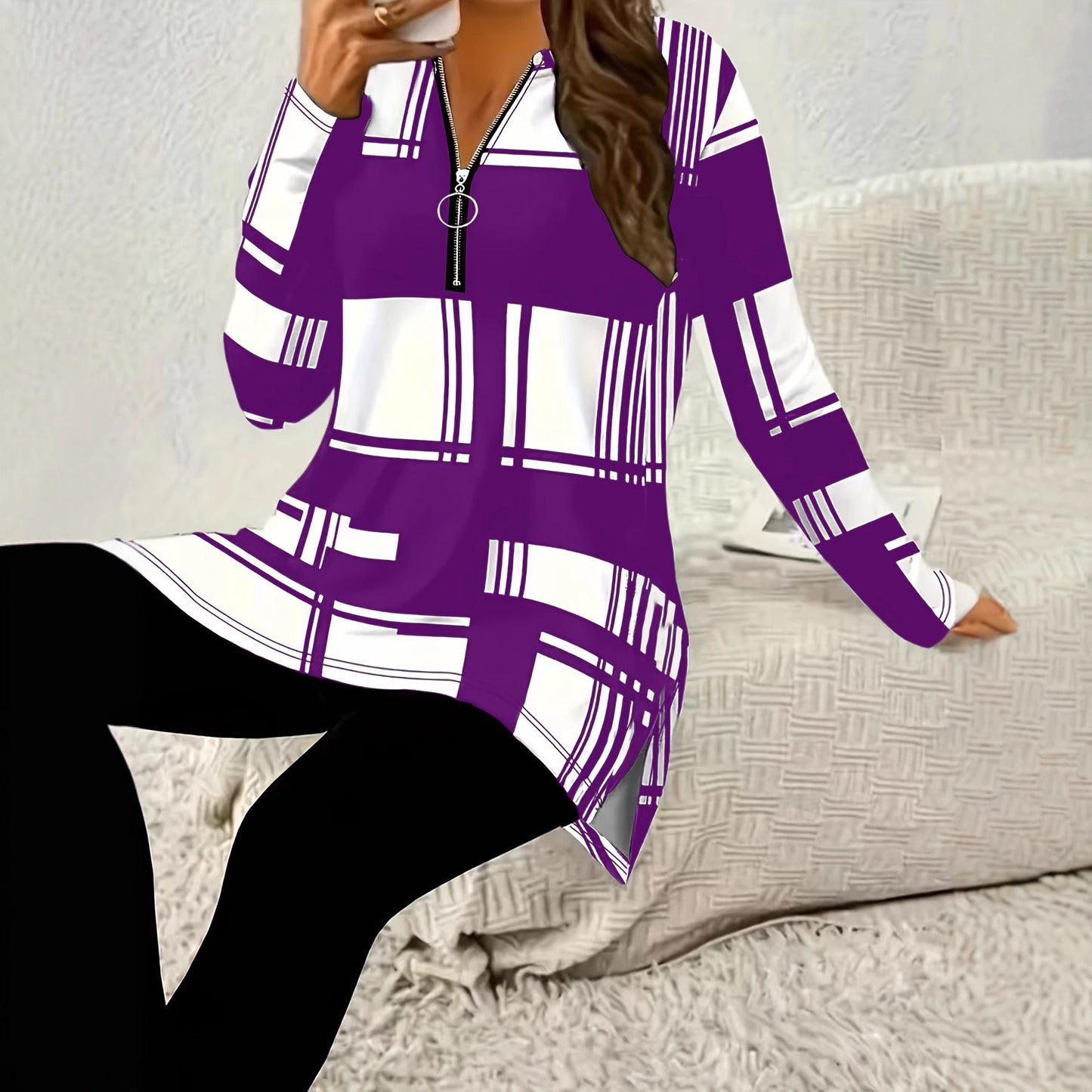 Women's Elegant Color Block Long Sleeve Zipper Shirt Digital Large Size T-shirt