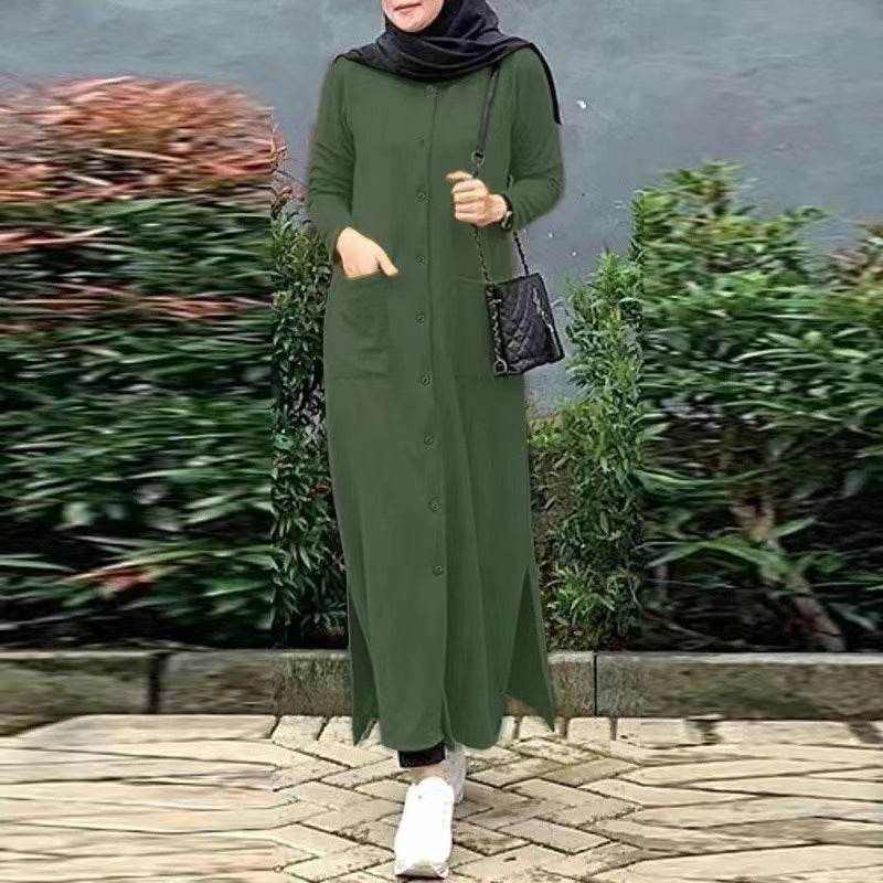 Long Sleeve Solid Color Shirt Dress Loose Side Blouse