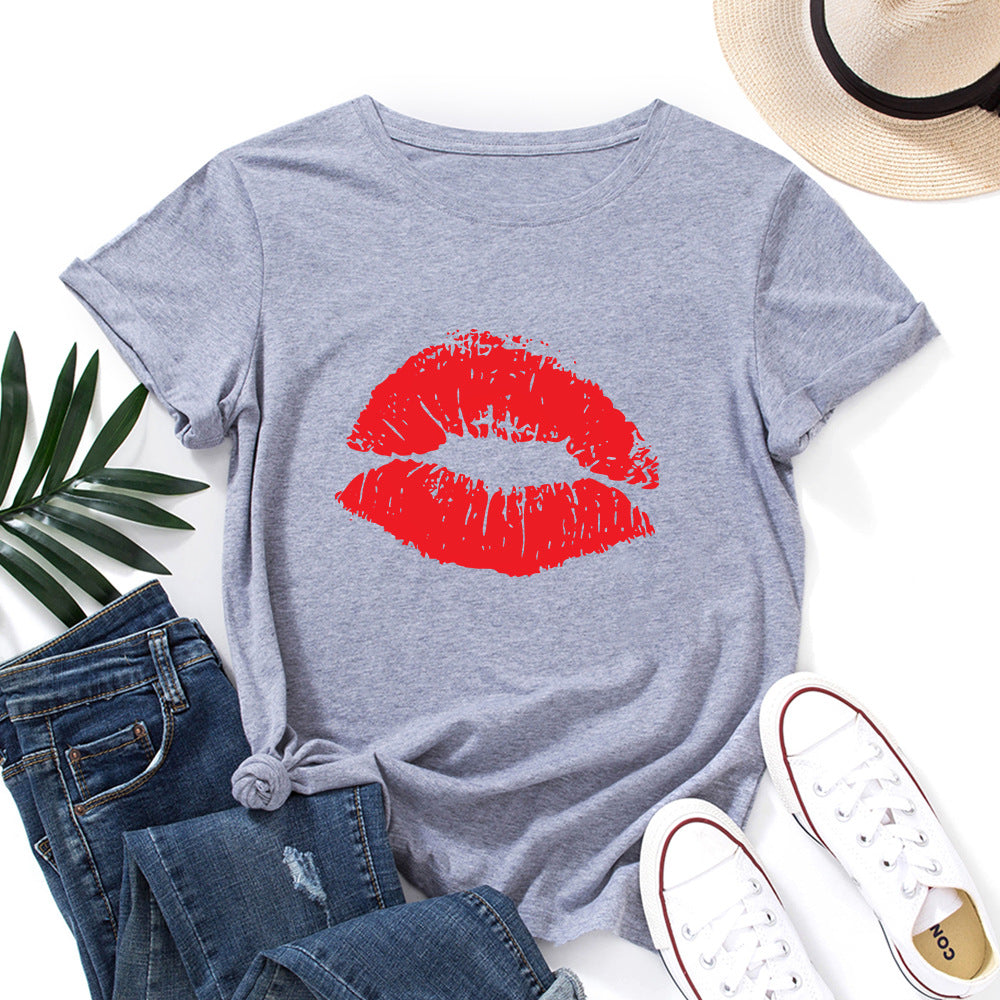Women's Lip Printings Loose Round Neck Sleeve Women's T-shirt