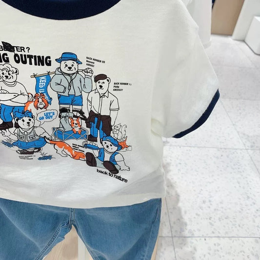 Cotton Summer Korean Style Little Bear Boys Cartoon Printed Pure Children's T-shirt