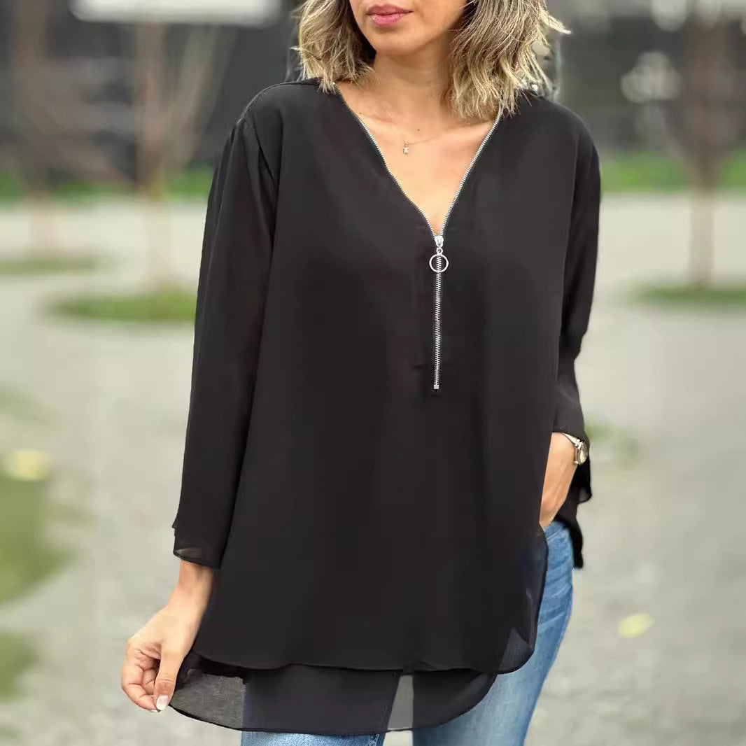 Classy Sleeves Casual Metal Zipper Loose Lace Shirt, Chiffon Shirt