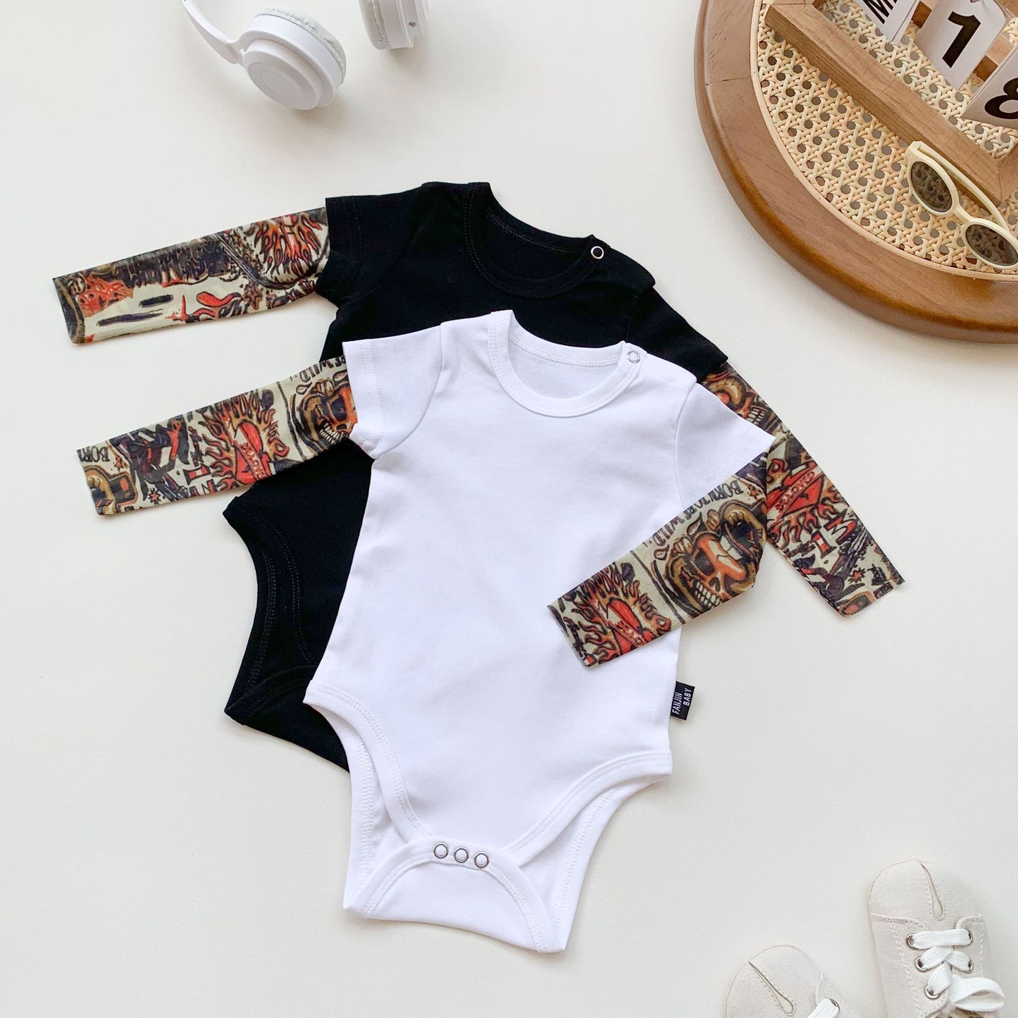 Fake Two-piece Tattoo Sleeve Romper Cotton Boy Triangle Jumpsuit, Climbing Suit