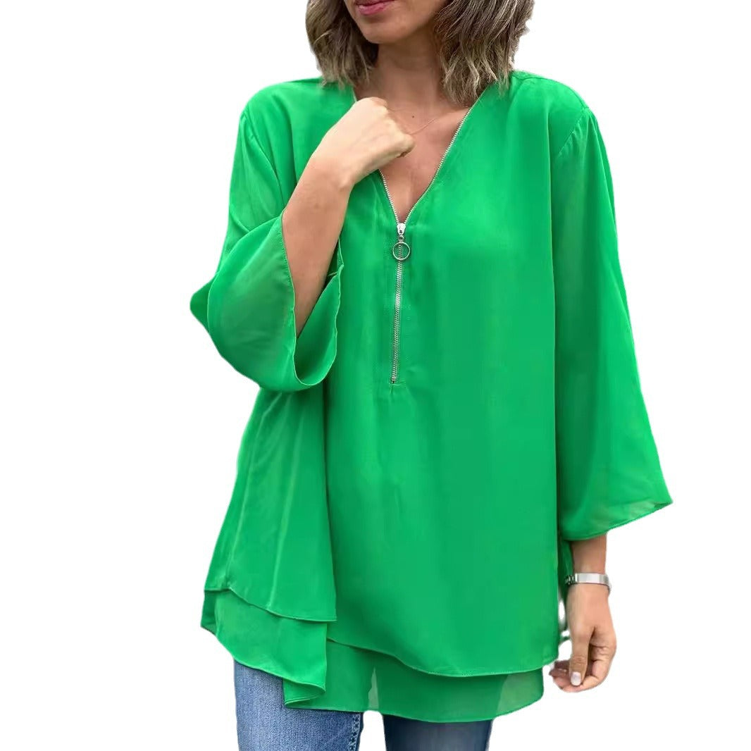 Classy Sleeves Casual Metal Zipper Loose Lace Shirt, Chiffon Shirt