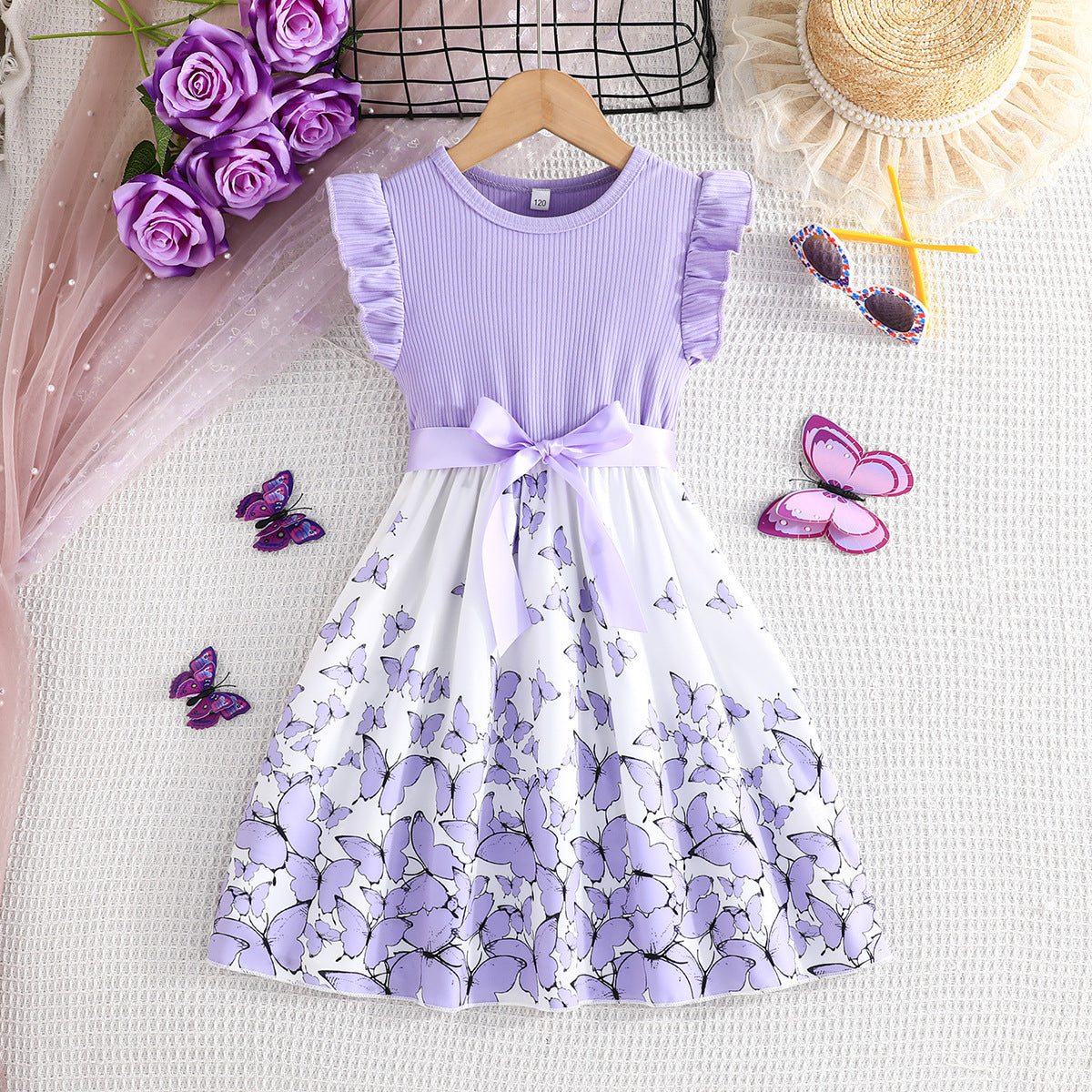 Short-sleeved Flounced Sleeve Sunken Stripe Stitching Butterfly Children's Dress
