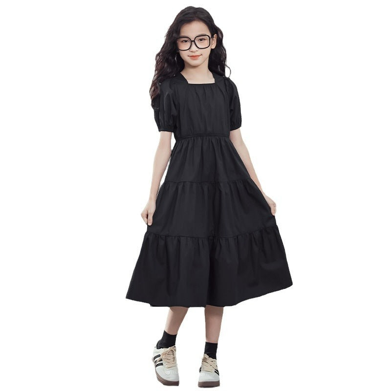 Children's Summer Solid Color Korean Style Fashionable Princess Medium Big Square Children's Dress