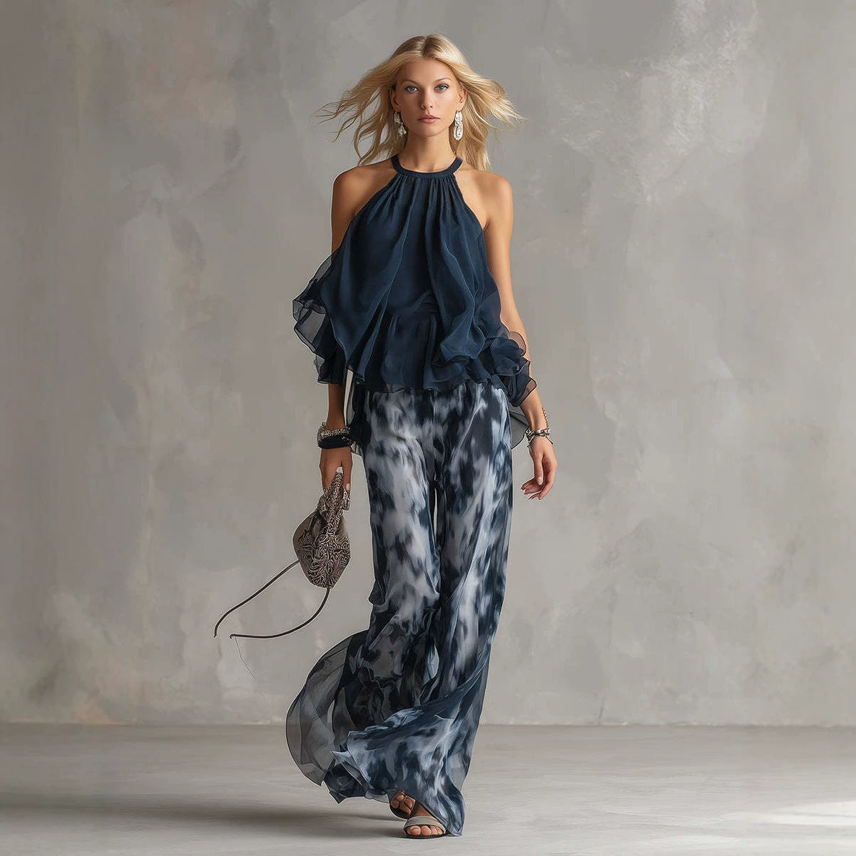 Classy Elegant Urban Camisole Printed Chiffon Pants