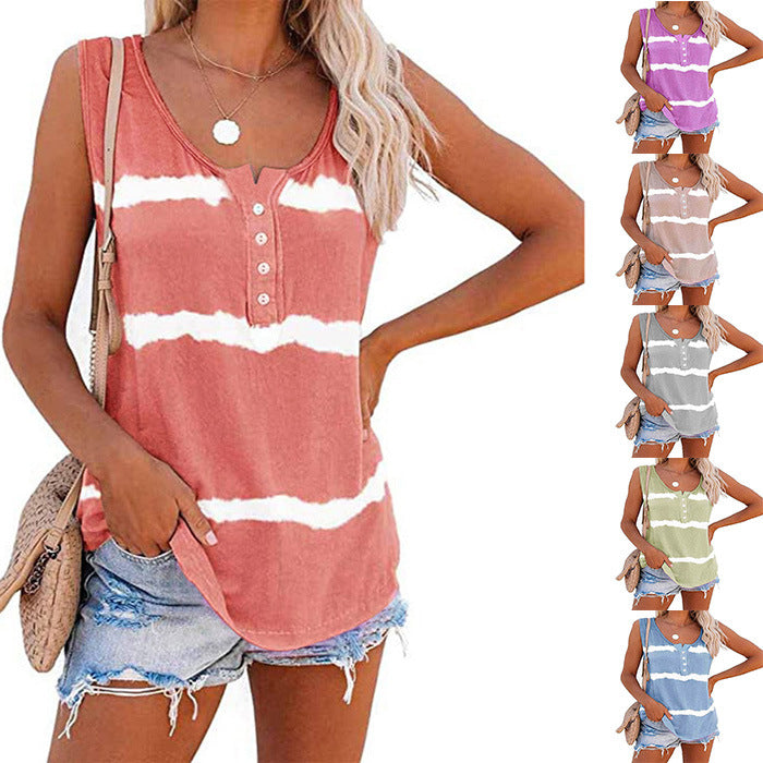 Women's Summer Button Striped Printed For Women's T-shirt
