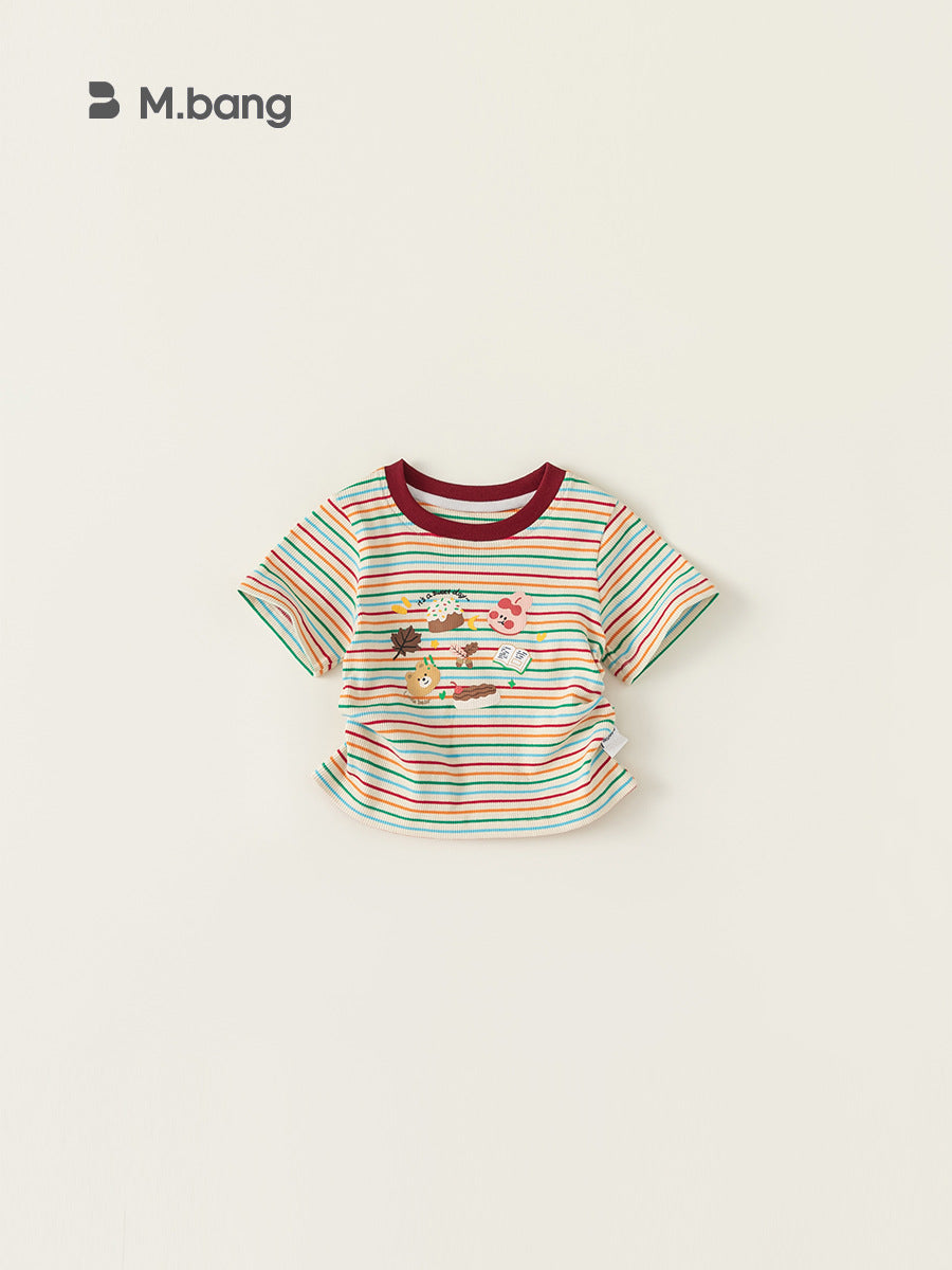 Children's Short-sleeved Contrast Color Round Neck Top Colorful Striped Cartoon Printed Children's T-shirt