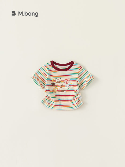 Children's Short-sleeved Contrast Color Round Neck Top Colorful Striped Cartoon Printed Children's T-shirt