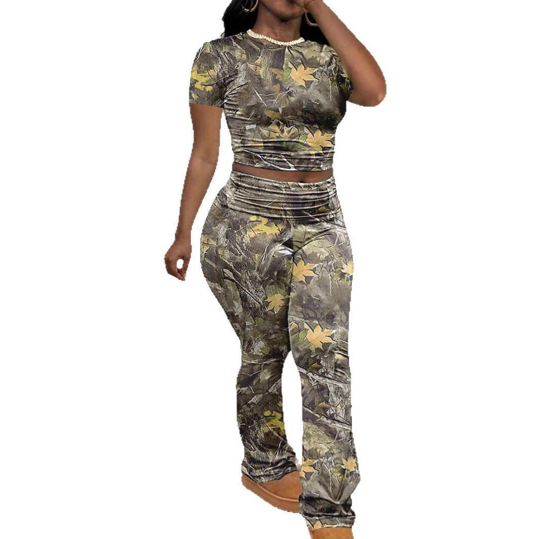 Women's Leisure Random Printed Short-sleeved T-shirt Trousers Suits