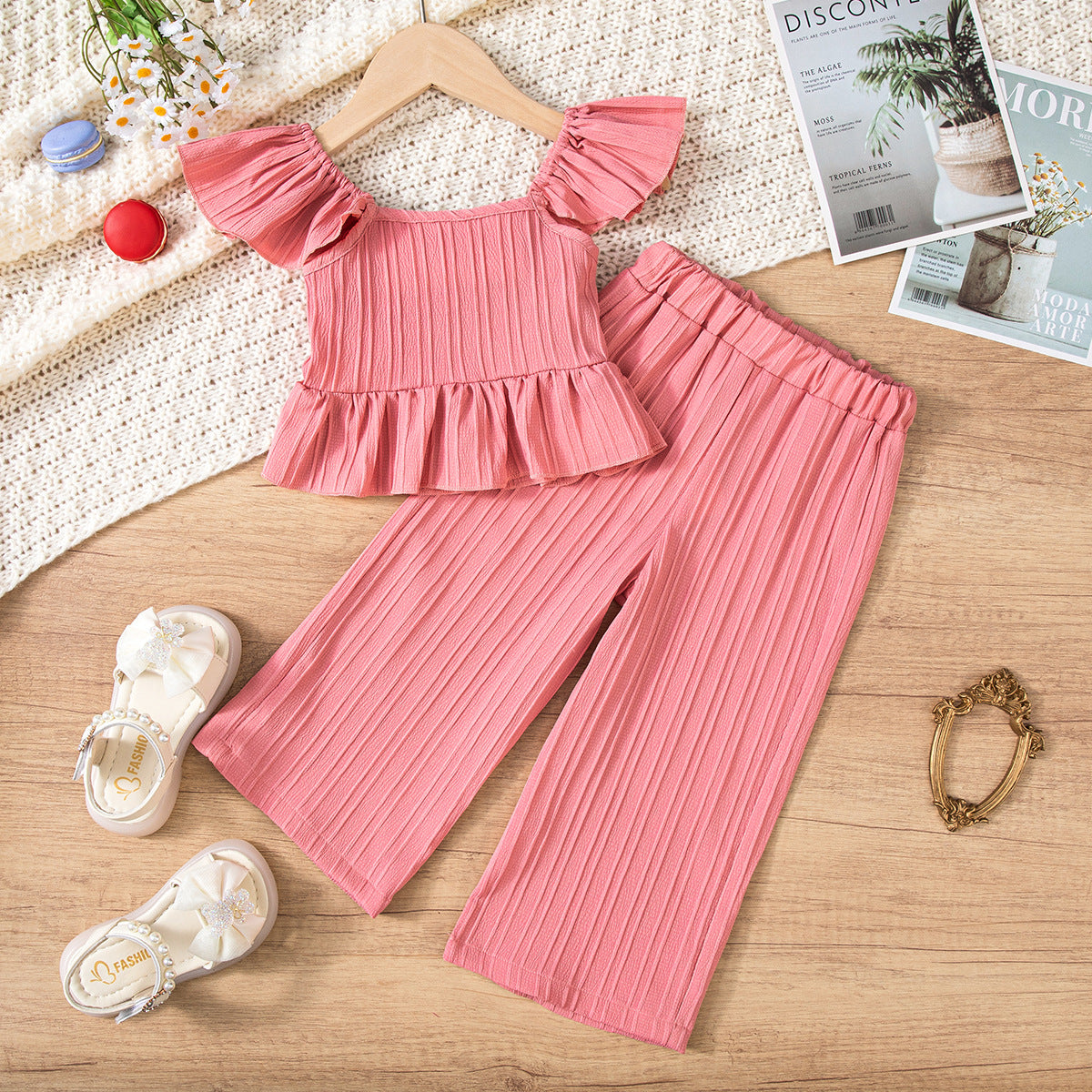 Shirt Flying Sleeve Top Solid Color Texture Children's Suit