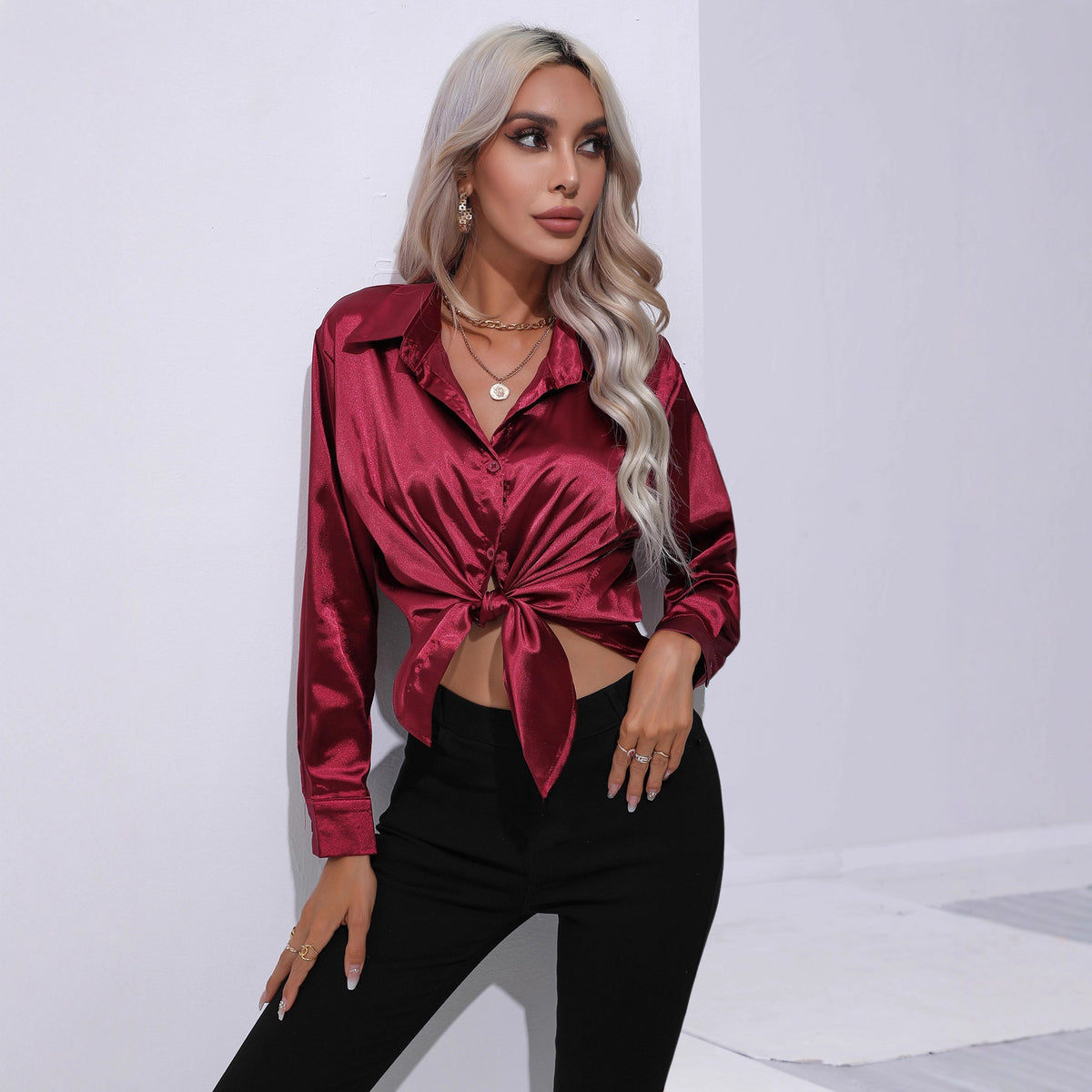 Glamorous Unique Women's Satin Shirt Long-sleeved Blouse