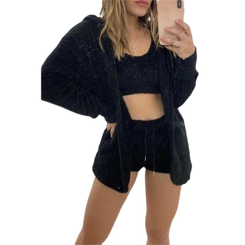 Pajamas Long Sleeve Plush Three-piece Sports Shorts