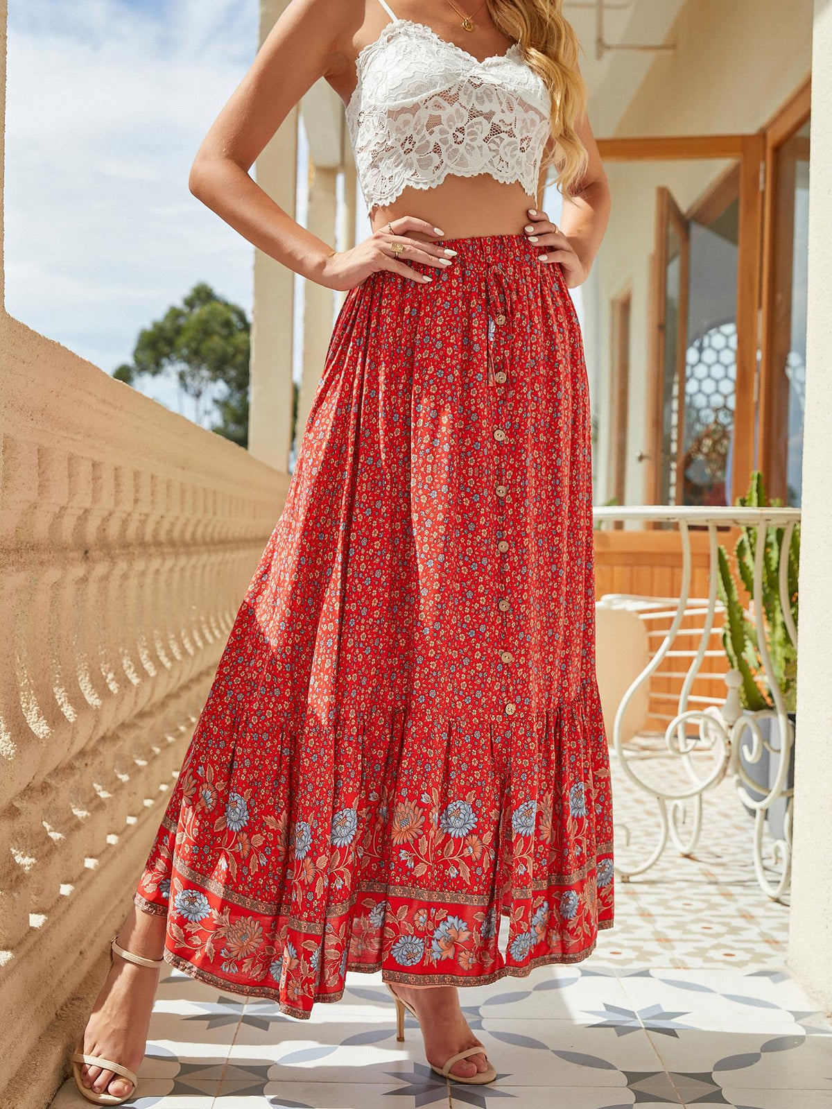 Women's Summer High Waist Print Breasted Split Skirt