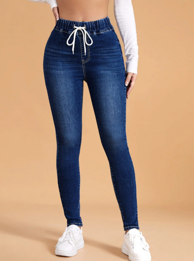 Women's Fashionable Tight Elastic Waist Drawstring Denim Women's Jeans