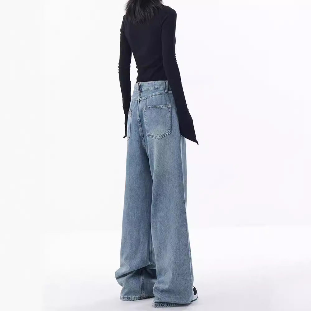 Women's Blue Embroidered Design Loose Mopping Floor Women's Jeans