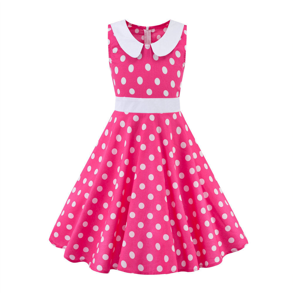Retro Polka Dot Doll Collar Cinched Sleeveless Daily Children's Dress