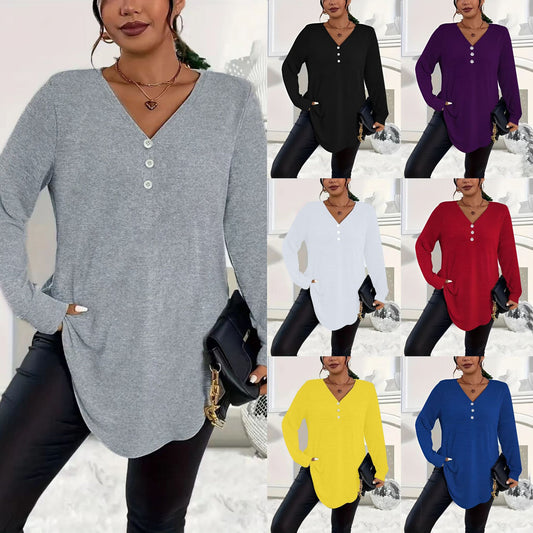 Women's Clothes Buttons Solid Color Long-sleeved Tops